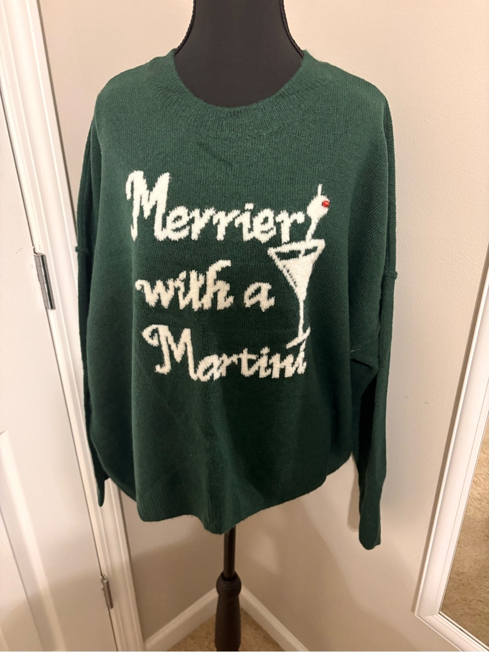 CeCe Green Crewneck Sweater with White Martini Intarsia